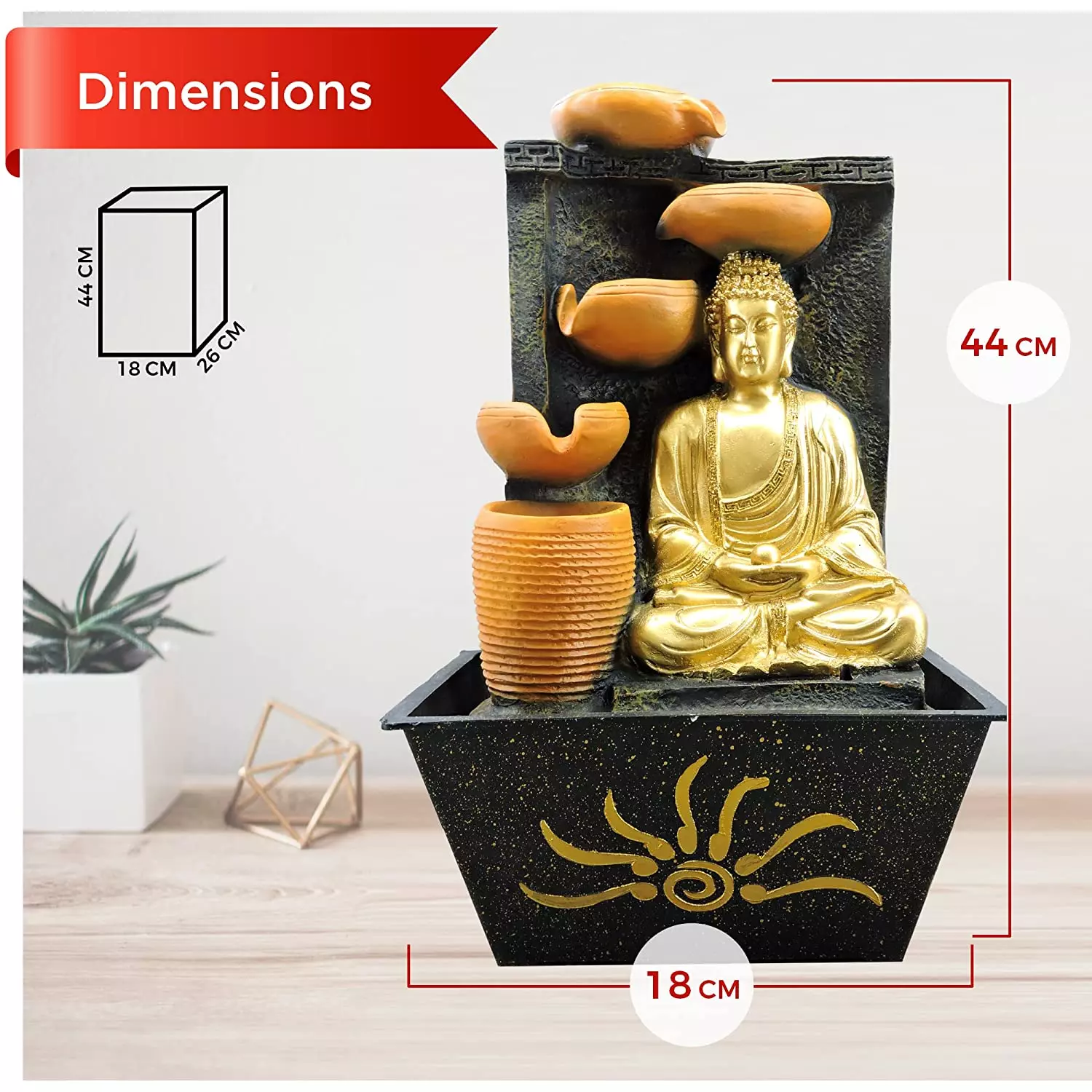 Buildream Polyresin Buddha Five Step Indoor Table Top Water Fountain with Adjustable Speed Control