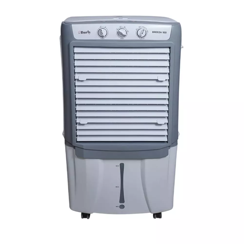 Burly Brezza Desert Air cooler 75 L Capacity 4 Way Air Deflection Auto Swing with Castor Wheel, Grey and White