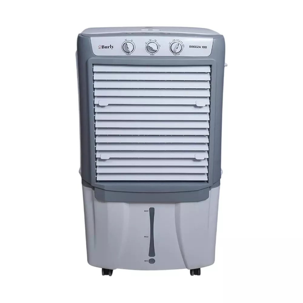 Burly Brezza Desert Air cooler 100 L Capacity 4 Way Air Deflection Auto Swing with Castor Wheel, Grey and White