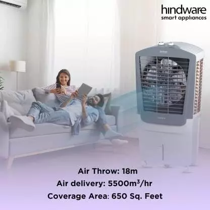 hindware-smart-appliances-air-cooler-with-woodwool-pads-corded-electric-white-and-grey-freestanding-6309x128x447-cm-size-knob-control-100-l-capacity-for-home-hotel-use-vectra