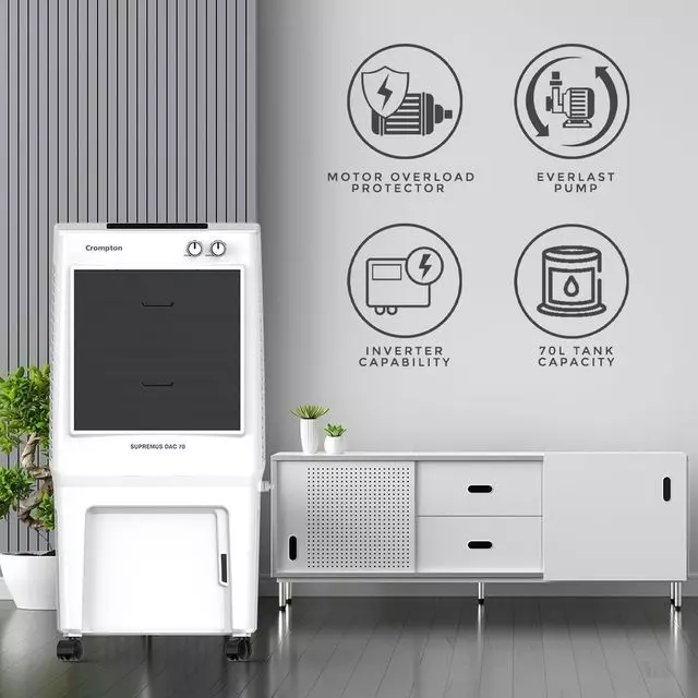 Crompton Desert Air Cooler White & Black 70 L 190 W with 4 Caster Wheels, SUPREMUS DAC 70