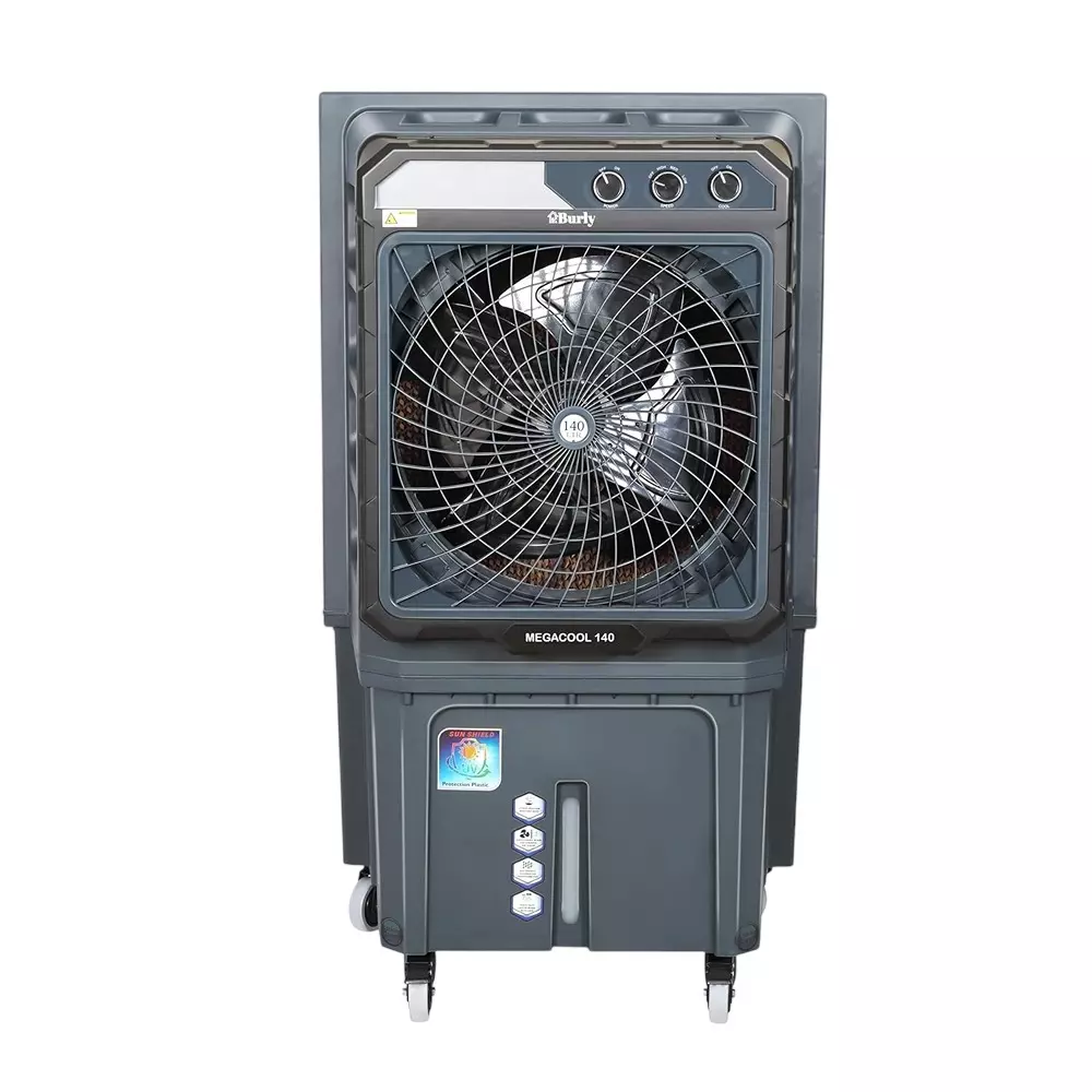 Burly Megacool Heavy Duty Desert Air cooler 140 L Capacity 4 Way Air Deflection Auto Refill Technology, Grey
