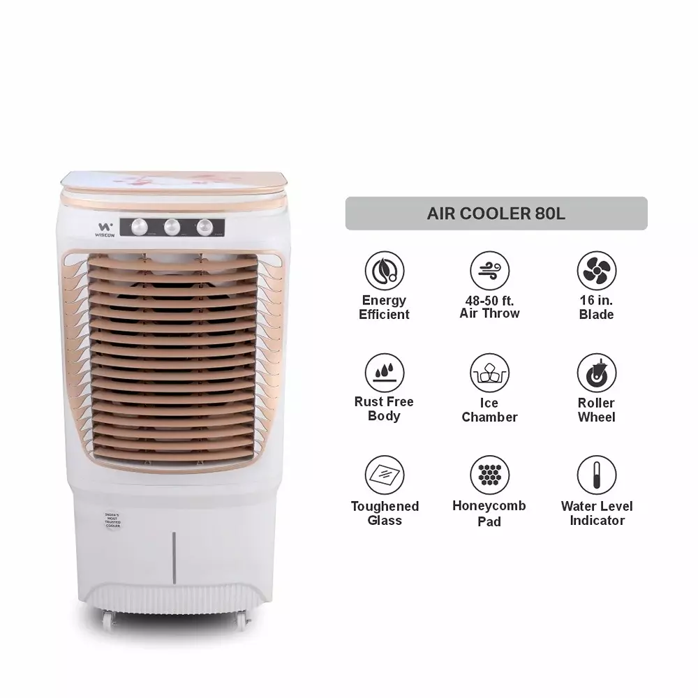 wiscon-air-cooler-with-3-speed-motor-glass-top-100-l-tank-capacity-honeycomb-pad-white-biege-for-home-office-use-wic100lfm