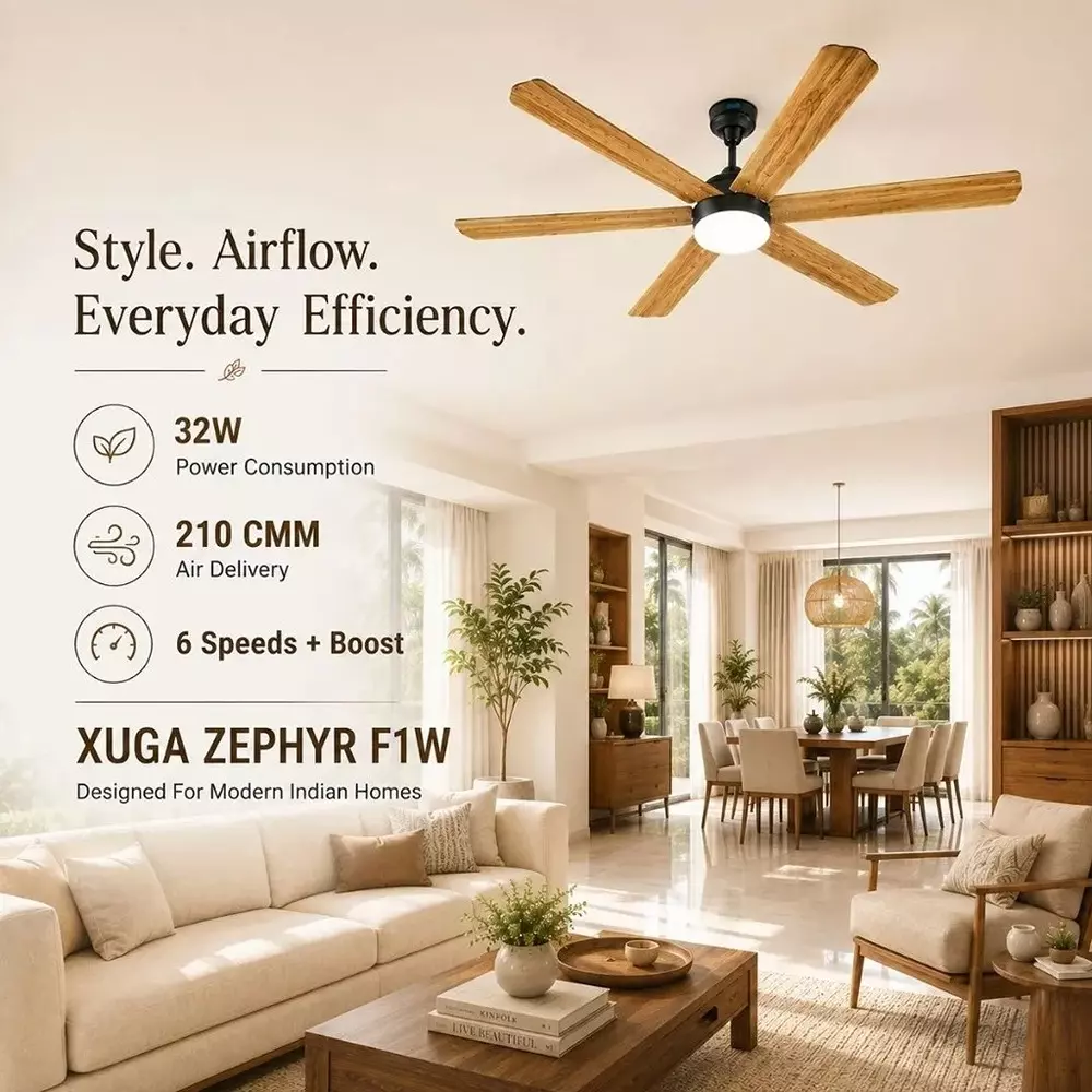 xuga-ceiling-fan-210-cmm-air-flow-bldc-motor-6-blades-320-rpm-1200-mm-sweep-size-5-star-rating-wooden-color-zephyr-f1w