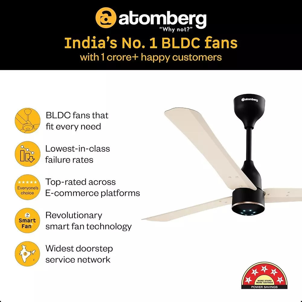 Atomberg Renesa Halo (All Smart) Seasand Ivory & Black 1200 mm Ceiling Fan With Remote Control