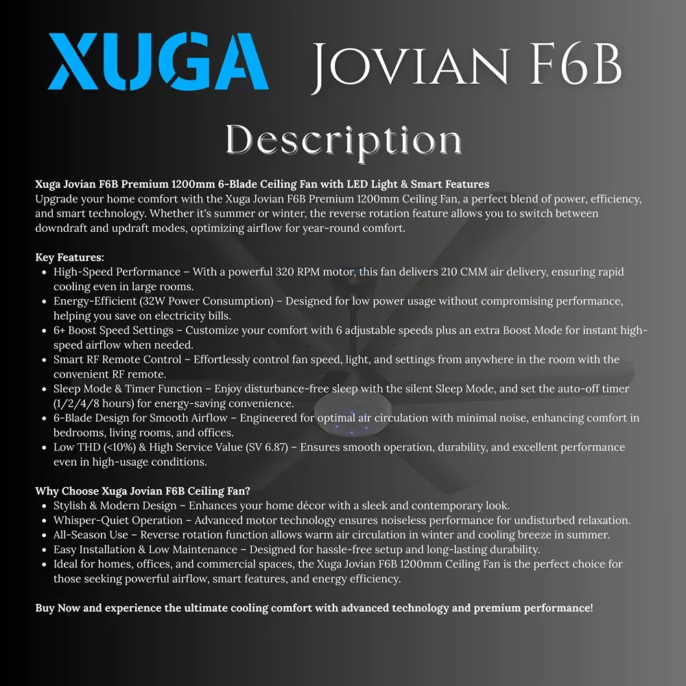 XUGA Jovian F6B Premium Smart Ceiling Fan With Remote 320 RPM Speed 100% Copper Motor 32 W Smoke Brown