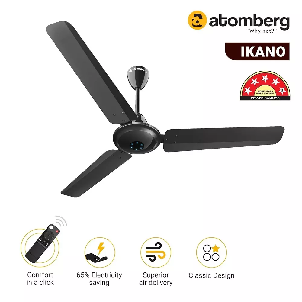 Atomberg Ikano Gloss Black 1200 mm Ceiling Fan With Remote