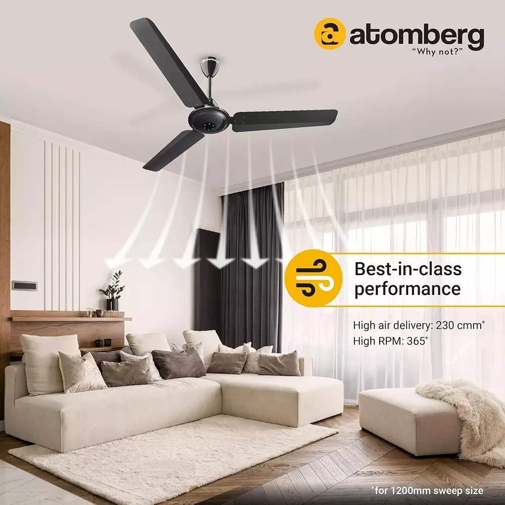 Atomberg Ikano Gloss Black 1200 mm Ceiling Fan With Remote