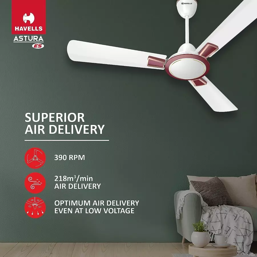 Havells Astura ES White Maroon 1200 mm Ceiling Fan, FHCAS1SWMR48