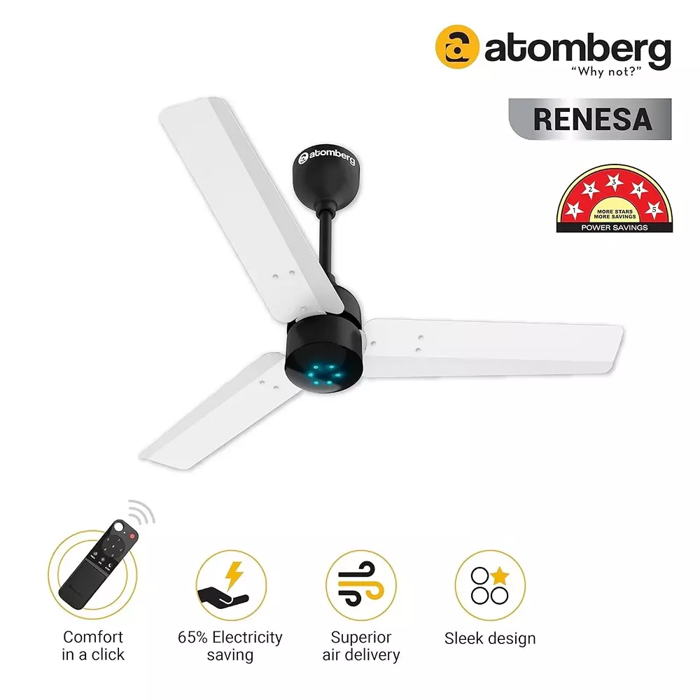 Atomberg Renesa Gloss White & Black 600 mm BLDC Motor Ceiling Fan With Remote
