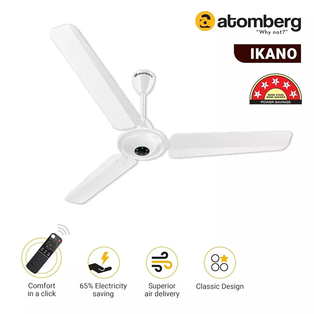 Atomberg Ikano Gloss White 900 mm Ceiling Fan With Remote