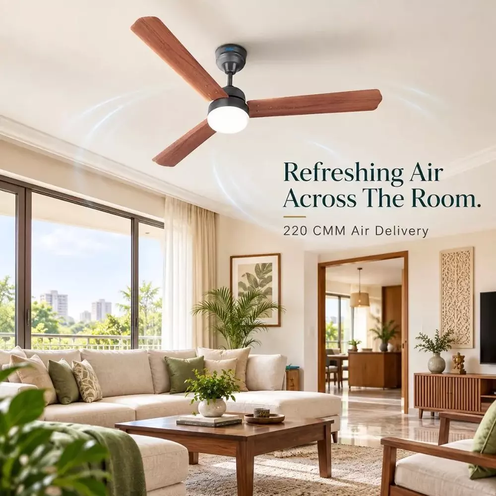 xuga-ceiling-fan-220-cmm-air-flow-bldc-motor-3-blades-380-rpm-1200-mm-sweep-size-5-star-rating-oakwood-color-celeste-f2p