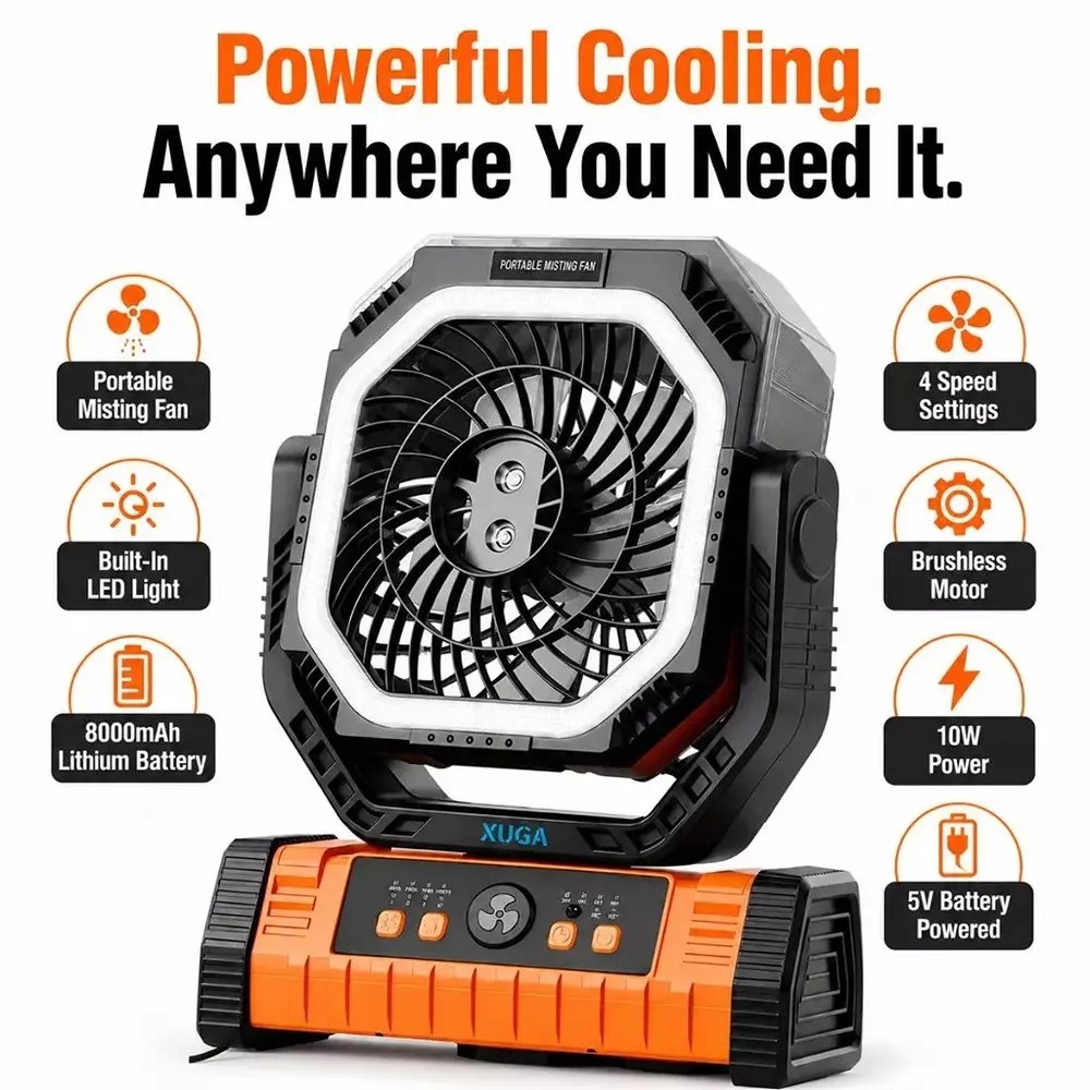 xuga-portable-cooling-fan-with-led-light-8000-mah-battery-capacity-brushless-motor-10-w-power-5-v-battery-voltage-grit-g