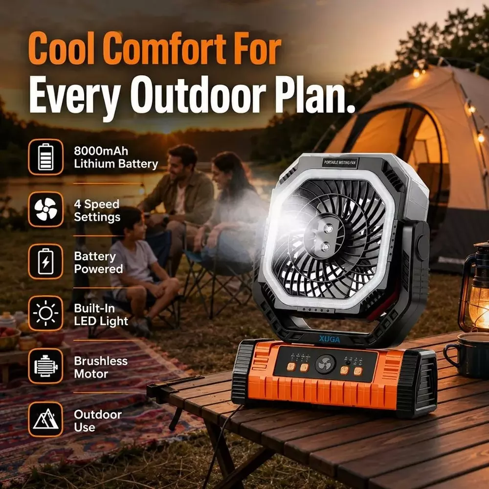 xuga-portable-cooling-fan-with-led-light-8000-mah-battery-capacity-brushless-motor-10-w-power-5-v-battery-voltage-grit-g