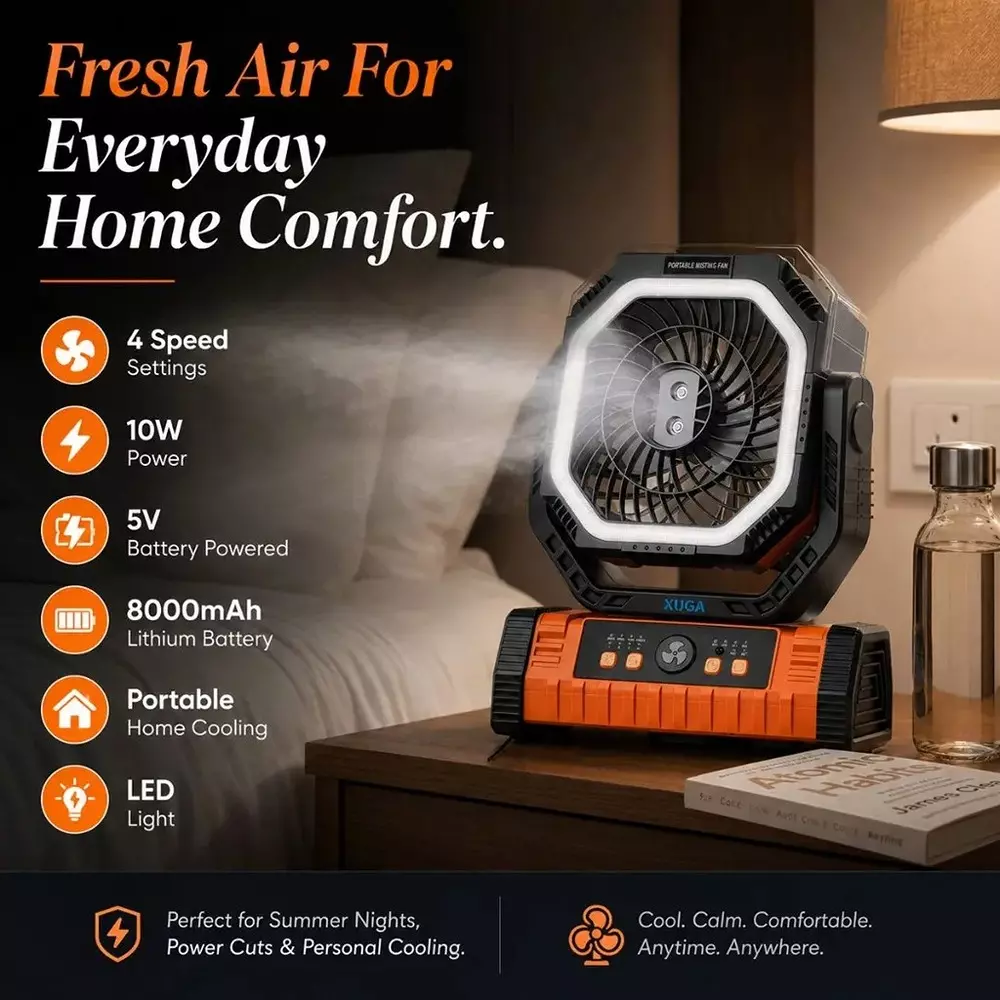 xuga-portable-cooling-fan-with-led-light-8000-mah-battery-capacity-brushless-motor-10-w-power-5-v-battery-voltage-grit-g
