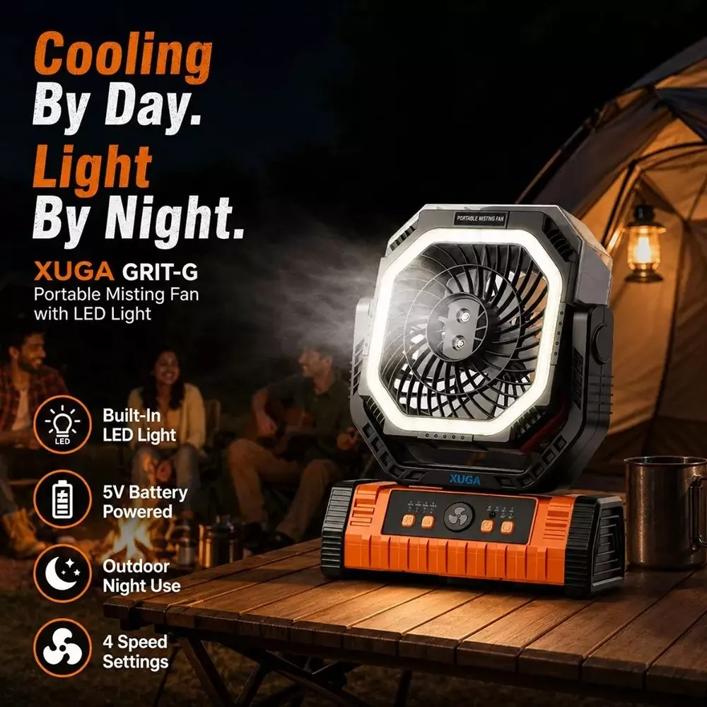 xuga-portable-cooling-fan-with-led-light-8000-mah-battery-capacity-brushless-motor-10-w-power-5-v-battery-voltage-grit-g