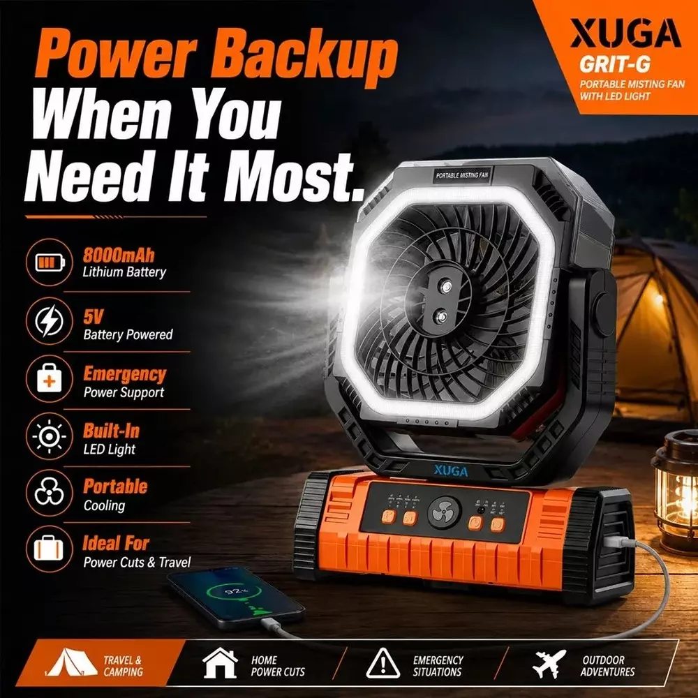 xuga-portable-cooling-fan-with-led-light-8000-mah-battery-capacity-brushless-motor-10-w-power-5-v-battery-voltage-grit-g