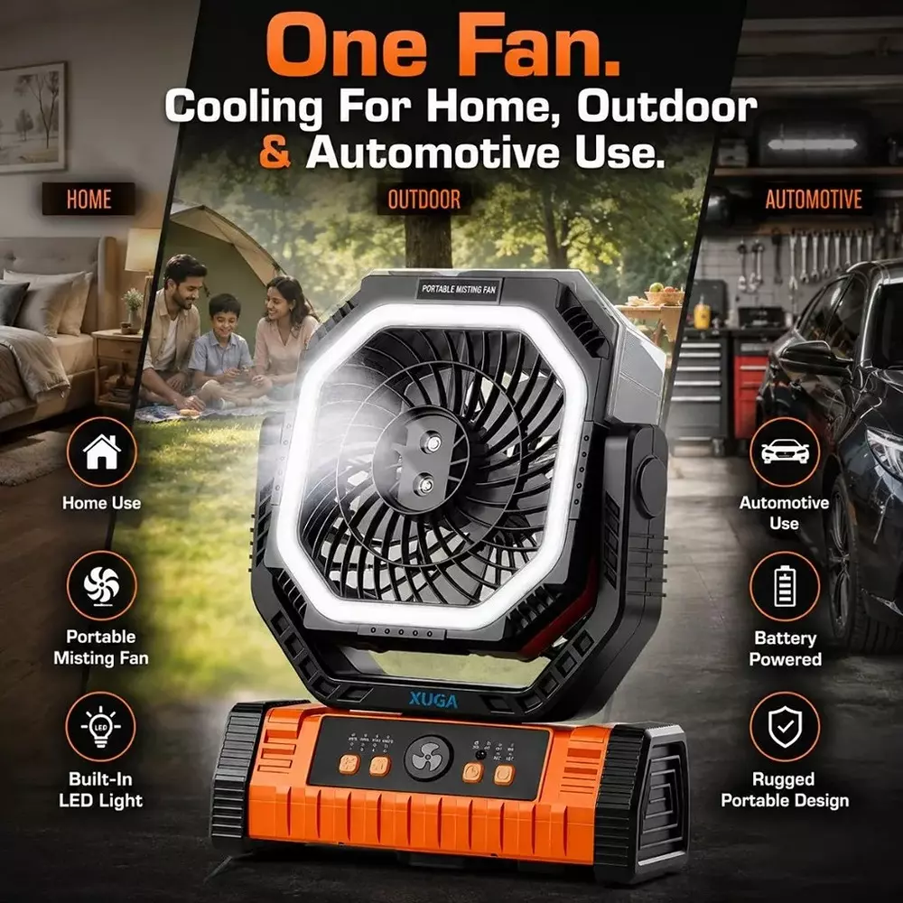 xuga-portable-cooling-fan-with-led-light-8000-mah-battery-capacity-brushless-motor-10-w-power-5-v-battery-voltage-grit-g