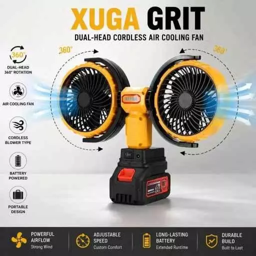 xuga-air-cooling-fan-with-power-bank-3000-mah-battery-capacity-brushless-motor-12-w-power-21-v-battery-voltage-grit