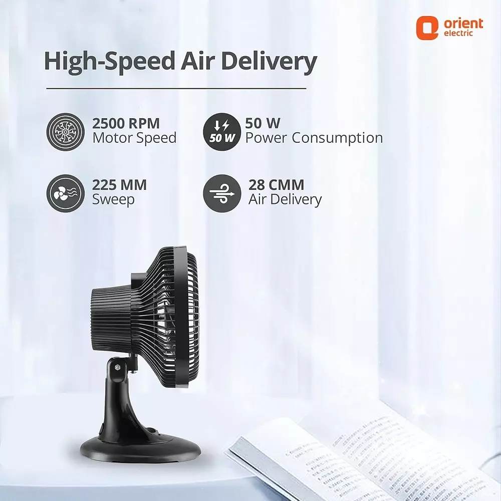 Orient Zippy Pro Table Fan Black 225 mm 50 W 3 Blades 2500 RPM
