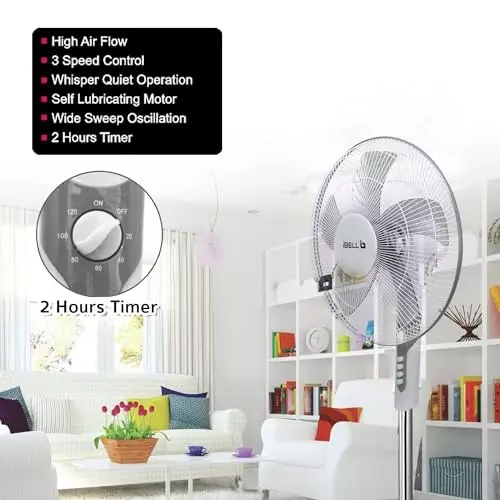 IBELL Pedestal Fan with Timer 1350 RPM 5 Blade 55 W Power 406 mm (16 inch) Sweep Size Button Control White Chrome 10