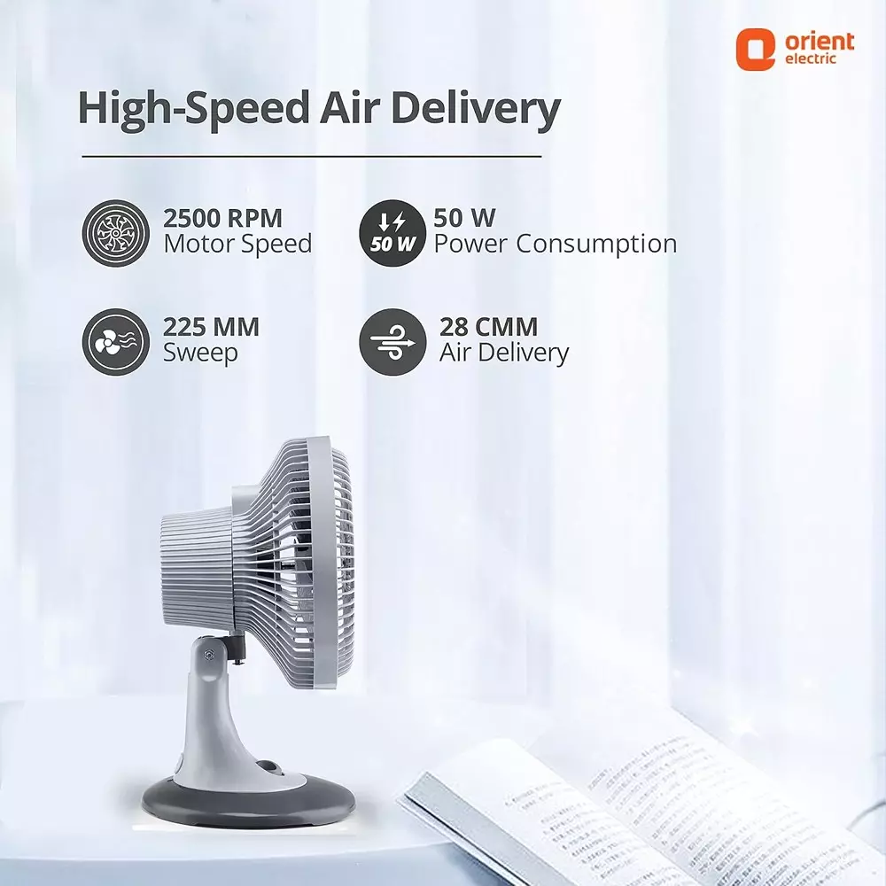Orient Zippy Pro Table Fan Grey 225 mm 50 W 3 Blades 2500 RPM