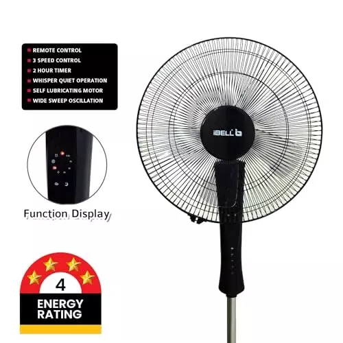 IBELL Pedestal Fan with Remote 1350&nbsp;RPM 5 Blade 55 W Power 406 mm (16 inch) Sweep Size Remote Control Black, WINDP10