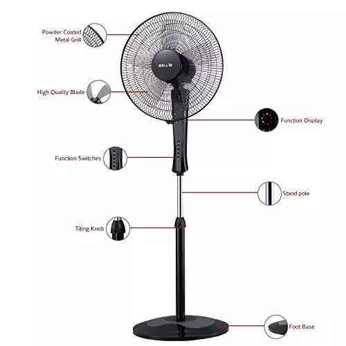 IBELL Pedestal Fan with Remote 1350&nbsp;RPM 5 Blade 55 W Power 406 mm (16 inch) Sweep Size Remote Control Black, WINDP10
