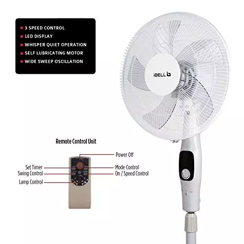 IBELL Pedestal Fan with Remote 1350 RPM 5 Blade 55 W Power 400 mm (15.7 inch) Sweep Size Remote Control White