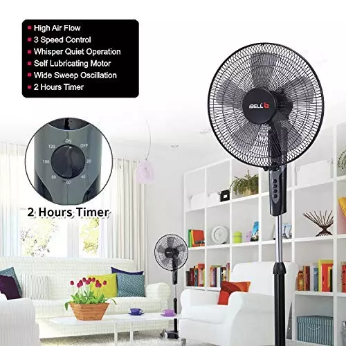 IBELL Pedestal Fan with Timer 1350 RPM 5 Blade 55 W Power 406 mm (16 inch) Sweep Size Button Control Chrome 10 Black