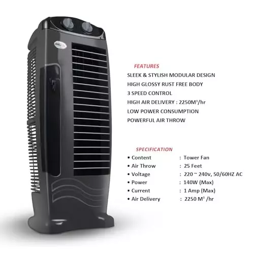 IBELL DELUXE Tower Fan 140 W Power 2250 m³/hr Air Delivery 3 Speed Control Plastic Grey