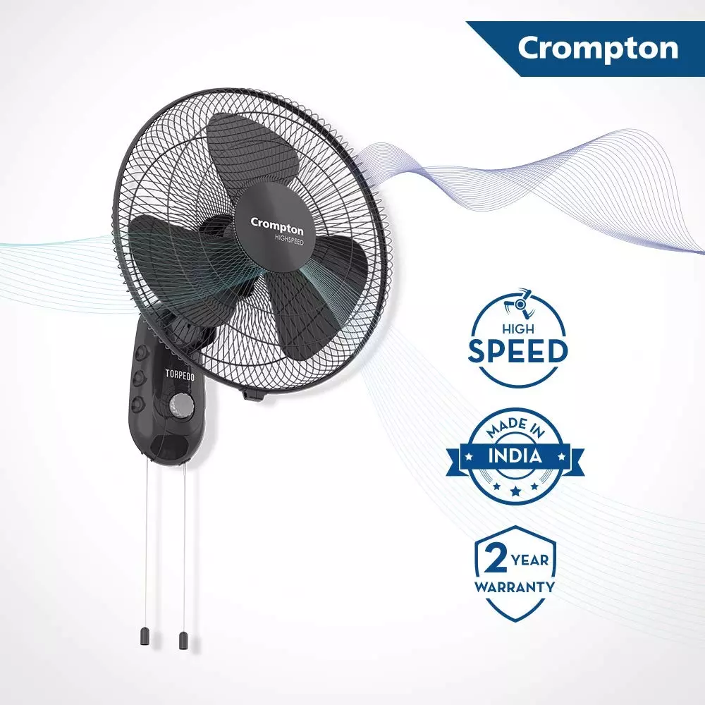 Crompton Torpedo High Speed Wall Fan 3 Blades 125 W 300 mm 2100 RPM Speed, Black