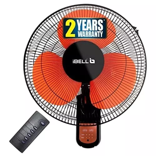IBELL Wall Fan with Remote 3 Blade 1350&nbsp;RPM 406 mm (16 inch) Sweep Size 55 W Power Plastic Orange in Black, VIVA03WF