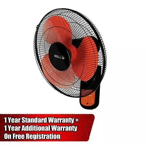 IBELL Wall Fan with Remote 3 Blade 1350&nbsp;RPM 406 mm (16 inch) Sweep Size 55 W Power Plastic Orange in Black, VIVA03WF