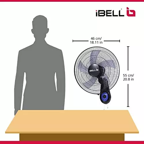 IBELL Premium Wall Fan 5 Blade 1350 RPM 228 mm (9 inch) Sweep Size 55 W Power Plastic Black, WF1980