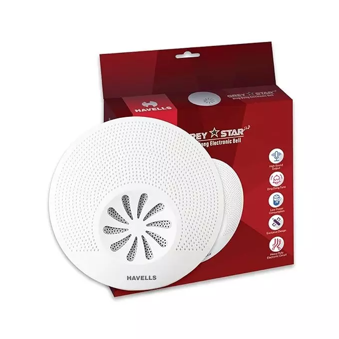 Havells Grey Star Ding Dong Electronic Doorbell Round Shape in White and Grey Plastic Body, AHNLXRG001