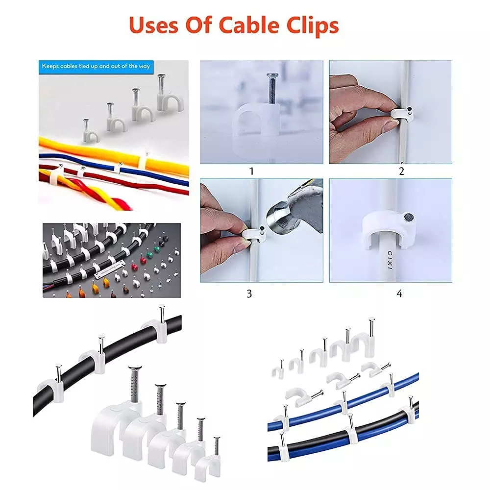 GENERIC Wire Fastener Cable Clips with Metal Nail White 8 mm Size 20 mm Clip Size Silver Cable Organizer (Pack of 100 )