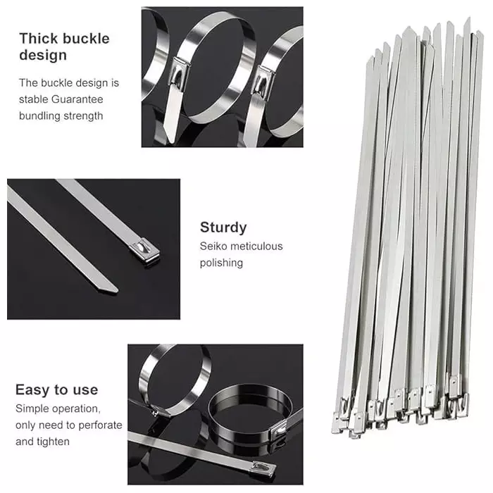 GENERIC 400 mm Stainless Steel Zip Locking Cable Ties Silver (Pack of 100 Pcs)