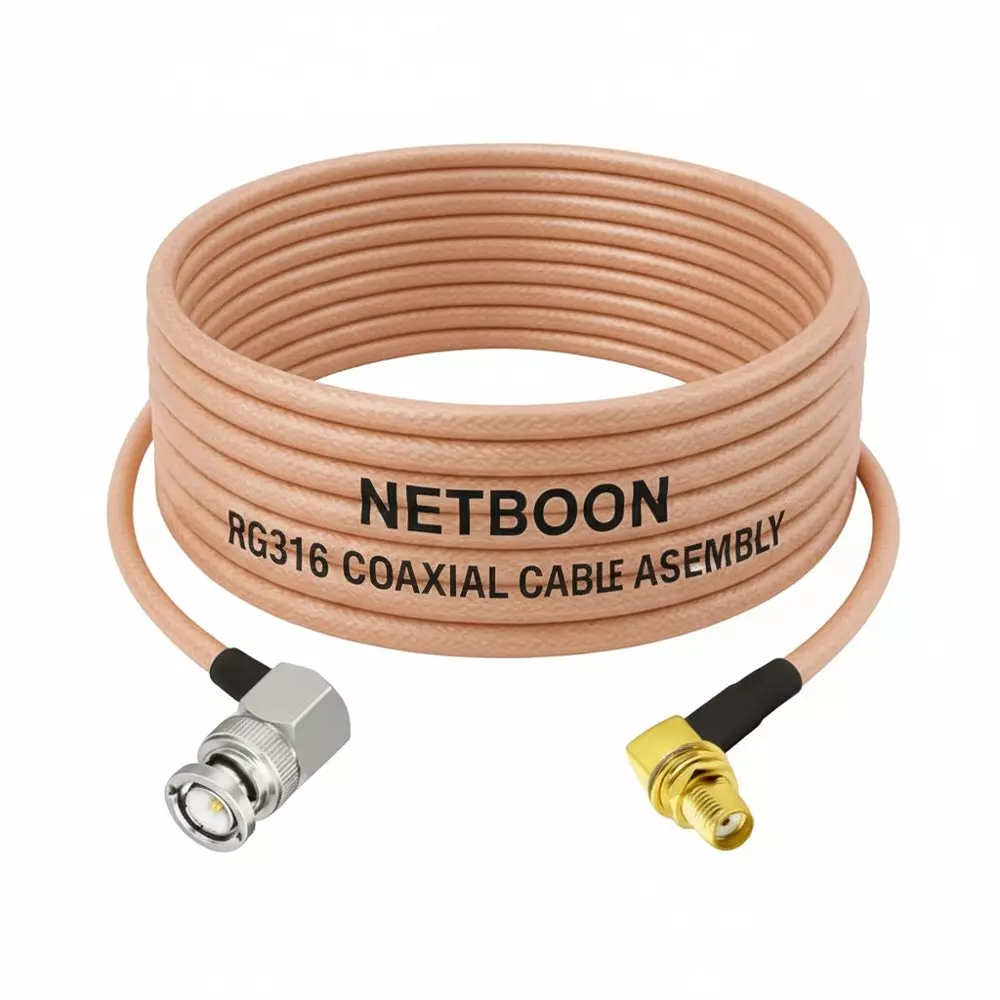 NETBOON RG316 Coaxial Cable with BNC Male Right Angle to SMA Female Right Angle Connector 15 m Copper 50 Ohm for Signal Panels, Embedded RF Boards
