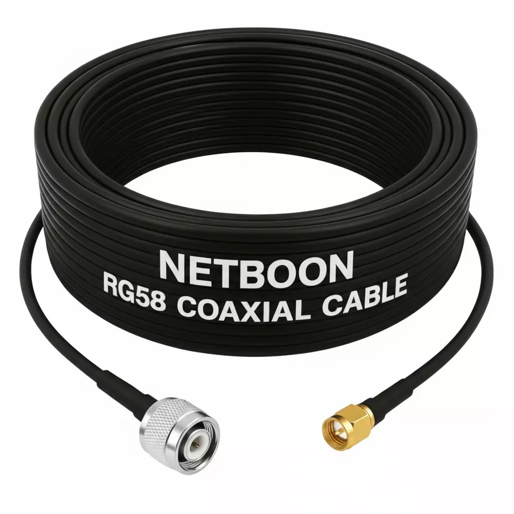 NETBOON RG58 Coaxial Cable with TNC Male to SMA Male Connector 15 m Black 50 Ohm for RF Communication, Networking, and Signal Transmission