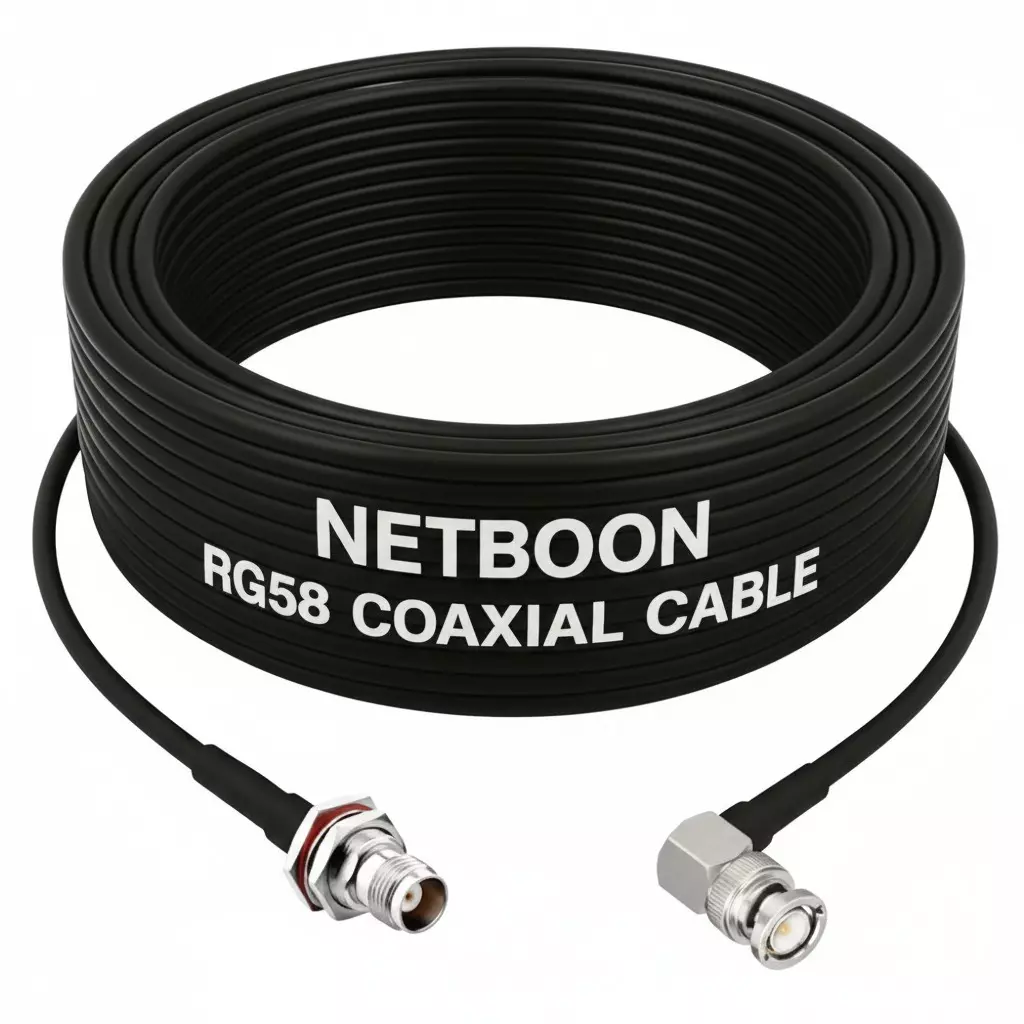 NETBOON RG58 Coaxial Cable with TNC Female Bulkhead to BNC Male Right Angle Connector 20 m Black 50 Ohm for Secure Panel Mount & Tight-Space Signal Connections