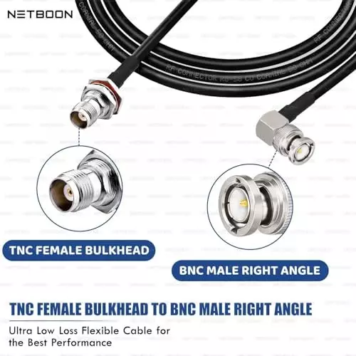 NETBOON RG58 Coaxial Cable with TNC Female Bulkhead to BNC Male Right Angle Connector 20 m Black 50 Ohm for Secure Panel Mount & Tight-Space Signal Connections
