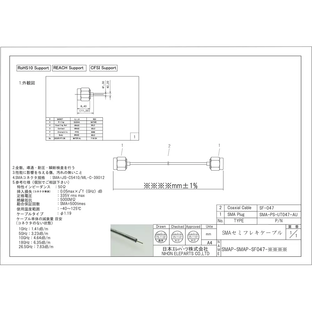 NIHON ELEPARTS SMA Double Ended Plug Cable 230 mm Length Straight, SMAP-SMAP-SF047-230