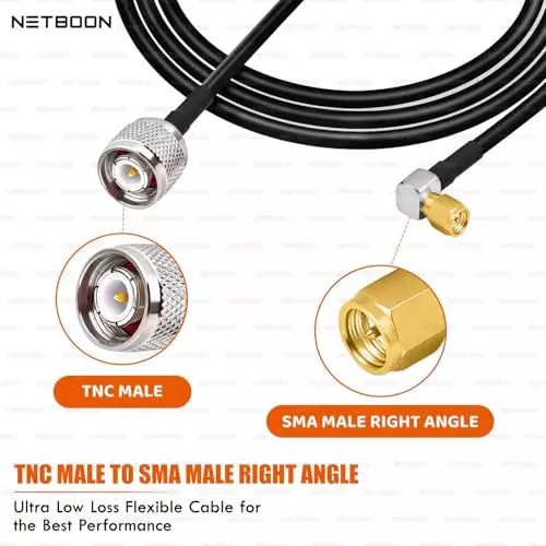 NETBOON HLF200 Low Loss Coaxial Cable 1 m with TNC Male to SMA Male Right Angle Connector RF 50 Ohm for Antenna, Surveillance, Broadcast Devices
