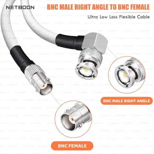 NETBOON RG188 Low Loss Coaxial Cable with BNC Male Right Angle to BNC Female Connector 10 m White 50 Ohm for Test Equipment, Lab Devices