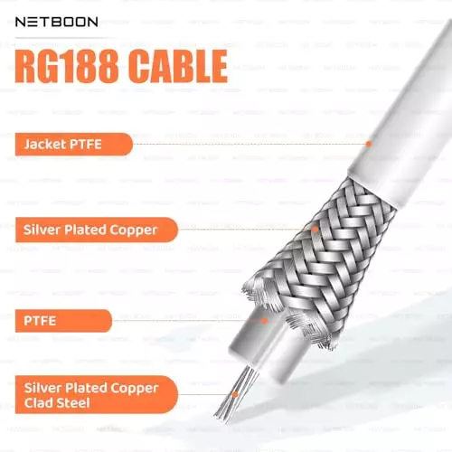 NETBOON RG188 Low Loss Coaxial Cable with BNC Male Right Angle to BNC Female Connector 10 m White 50 Ohm for Test Equipment, Lab Devices