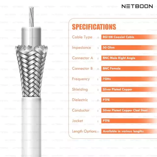 NETBOON RG188 Low Loss Coaxial Cable with BNC Male Right Angle to BNC Female Connector 10 m White 50 Ohm for Test Equipment, Lab Devices