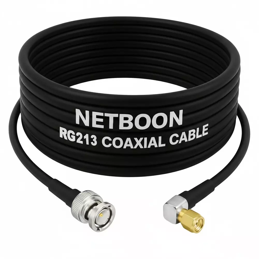NETBOON RG213 Low Loss Coaxial Cable with BNC Male to SMA Male Right Angle Connector 5 m Black 50 Ohm for Radios, CCTV Systems, Test Instruments
