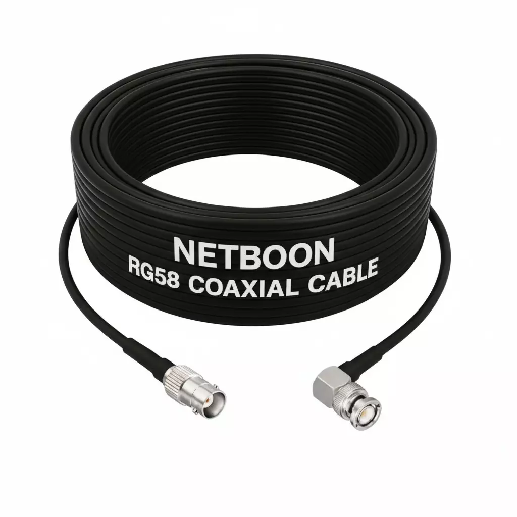 NETBOON RG58 Low Loss Coaxial Cable with BNC Female to BNC Male Right Angle Connector 5 m Black 50 Ohm for CCTV, Test & Communication Systems