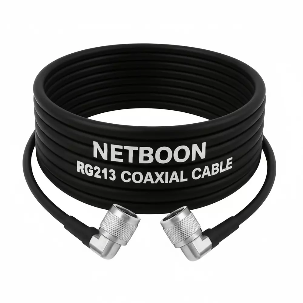 NETBOON RG213 Low Loss Coaxial Cable with N Male Right Angle to N Male Right Angle Connector 15 m Black 50 Ohm for Antenna Systems, Radio Equipment, GPS Units